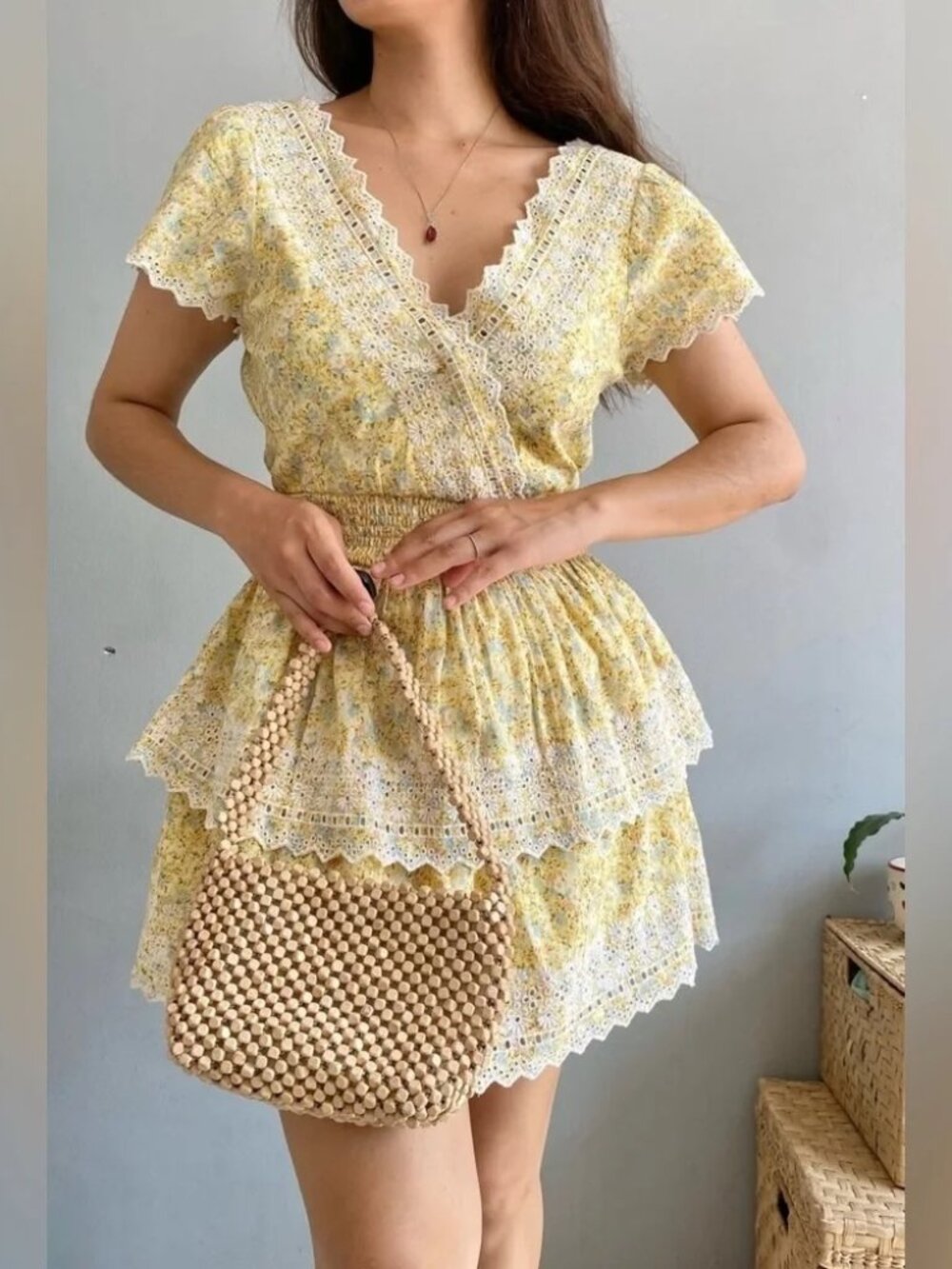 American Eagle Yellow Floral Lace Tiered Linen Cotton Dress Small